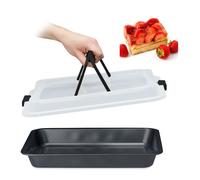 Relaxdays Plat four avec couvercle, transport gâteaux 3 en 1, LxP 40,5x32,5 cm, bord haut, plaque, noir/gris