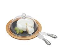 Relaxdays 10027484 Plateau, cloche à fromage, ardoise, couteau, fourchette, bambou, acier, nature, acrylique, One size
