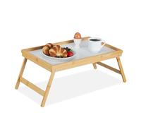 Relaxdays Plateau de Lit petite table de petit-déjeuner en bambou plateau de service pieds pliants pliables en bois avec tablette en plastique HxlxP : 23,5 x 50 x 31 cm, nature 1 pièce