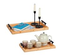 Relaxdays Plateau de Service, 2 Supports (7x50x30 cm & 7x43x26 cm), Bambou, poignées, Bord relevé, rectangulaire, Nature