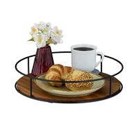Relaxdays Plateau de Service, Bois et Fer, Design Rond, Bord élevé, H x D : 6 x 31 cm, Marron et Noir