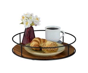 Relaxdays Plateau de Service, Bois et Fer, Design Rond, Bord élevé, H x D : 6 x 31 cm, Marron et Noir