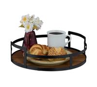 Relaxdays Plateau de Service, Design Rond, Bois et métal, avec poignées, H x D : 8,5 x 30,5 cm, Marron et Noir