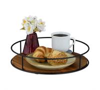 Relaxdays Plateau de Service, Bois et Fer, Design Rond, Bord élevé, H x D : 6 x 31 cm, Marron et Noir