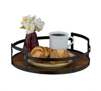 Relaxdays Plateau de Service, Design Rond, Bois et métal, avec poignées, H x D : 8,5 x 30,5 cm, Marron et Noir