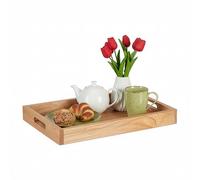 Relaxdays Plateau de Service en Noyer/MDF, H x L x P 5 x 55 x 35 cm, avec poignées, Rebord Haut, rectangulaire, Naturel