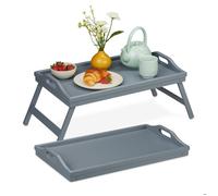 Relaxdays Plateau de service, lot 2, pliable, tablette avec pieds, bambou et MDF, H x L x P : 24 x 60 x 30 cm, gris
