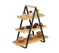 Relaxdays Plateau de Service, présentoir 3 Niveaux, Bambou, métal, gâteaux, Muffins, HLP 42 x 41 x 16,5 cm, Naturel/Noir