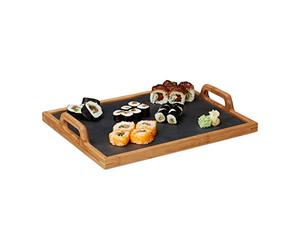 Relaxdays Plateau de Service Repas en Bambou avec Planche Ardoise Amovible 2 poignées Cuisine HxlxP: 6 x 40,5 x 32 cm, Nature
