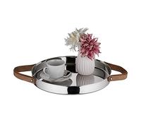 Relaxdays Plateau de service rond, acier inoxydable, diamètre 35 cm, argenté, anses, bord surélevé