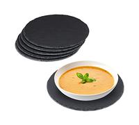 Relaxdays Plateau en ardoise, lot de 6, rond, Ø 25 cm, assiette de présentation, plat de service, étiquetage, anthracite