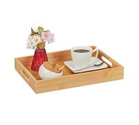 Relaxdays Plateau en Bambou, HxLxP : 5x34,5x25 cm, Tablette Service avec poignées, Bord élevé, rectangulaire, Nature