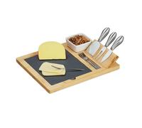 Relaxdays Plateau de fromages & Plateau en Ardoise, 3 Couverts, récipient à Sauce, 4 fourchettes, Bambou, Nature - Noir
