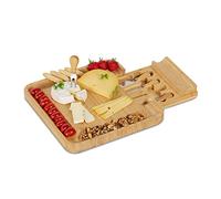 Relaxdays Plateau Fromage avec Lot de Couteaux, HxLxP: 4 x 33 x 33 cm, Planche Bambou avec tiroir, 4 Couverts, Nature