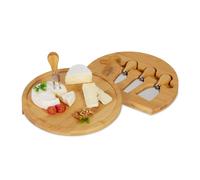 Relaxdays Plateau fromages avec Couteaux, HxD: 4x33 cm, Planche tournante, 4 Couverts, Bambou & Acier Inoxydable, Nature