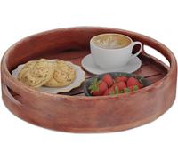 Relaxdays Plateau de Service, en Bois de manguier, avec poignées, Bord surélevé, Design Rond, HxD : 7,5 x 36 cm, Marron