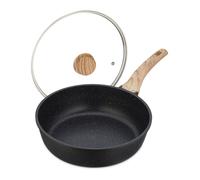 Relaxdays Poêle à Frire, Anti-adhésive, sauteuse, 28 cm, en Aluminium, poignée Ergonomique, Induction, Wok, Noir/Nature