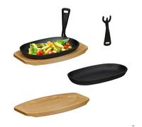 Relaxdays Poêles de service Lot de 2 – fonte, dessous en bois, poignée amovible – Noir/naturel