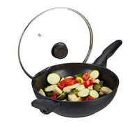 Relaxdays Poêle à wok couvercle en verre 30 cm, poignée, revêtement antiadhésif, induction, four à gaz et électrique,4l