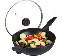relaxdays, noir Poêle wok 30 cm avec couvercle gaz plaque électrique antiadhésif 4 litres poignée, aluminium, verre, plastique, 15 x 31 x 58 cm
