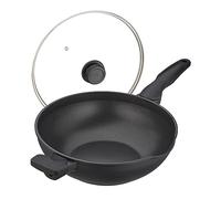 Relaxdays Poêle Wok avec Couvercle, D : 30 cm, Aluminium, Anti-adhésif, poignées, Four à gaz et électrique, Noire