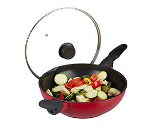relaxdays Poêle wok couvercle en verre, 30 cm, wok antiadhésif, four à gaz, électrique, poignée, 4 litres, rouge/noir.