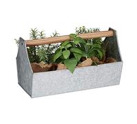 Relaxdays poignée en bois, Boîte à outils de décoration, Plantes et herbes, balcon, zinc, argenté, fer, 20 x 36 x 20 cm
