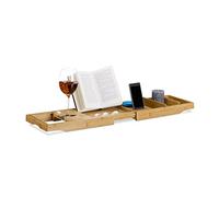 Relaxdays Pont de baignoire extensible en bambou tablette de bain porte-verre plateau réglable, nature, Marron
