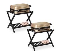 Relaxdays Porte-Bagages Pliables, Lot de 2, Bois, H x L x P : 54 x 66 x 45 cm, 2 étagères, Rangement pour hôtel, Noir