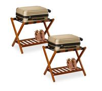 Relaxdays Porte-bagages pliables, lot de 2, bois, H x L x P : 54 x 66 x 45 cm, 2 étagères, rangement pour hôtel, nature