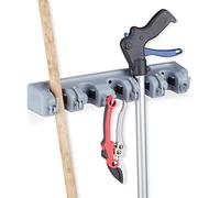 relaxdays Porte-balai en fixation murale, 5 supports muraux, 5 crochets, Rangement à outils pour le mur, 40 cm, PP, gris