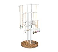 Relaxdays Porte-bijoux, Support à bijoux, rangement T pour colliers & boucles d'oreilles, bois, métal, blanc/brun