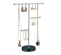 relaxdays Porte-bijoux, pied en marbre, rangement pour colliers, boucles d’oreilles & bracelets, 3 barres, vert/argent
