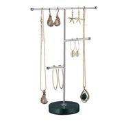 Relaxdays Porte-bijoux, pied en marbre, rangement pour colliers, boucles d’oreilles & bracelets, 3 barres, vert/argent