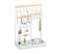 Relaxdays Porte-bijoux, rangement pour colliers et boucles, présentoir à bijoux en bois et métal, blanc/naturel