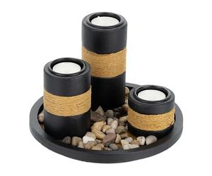 Relaxdays Porte-Bougies avec Plateau et Pierres décoratives, 19,5 cm, décoration de Table, Salon, Chambre, Noir/Marron