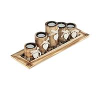 Relaxdays Porte-Bougies en lot avec Plateau et Pierres, 39,5 cm de Longueur, 5 bougeoirs, décoration Table Salon, Marron
