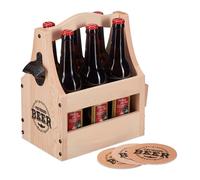 Relaxdays Porte-bouteille en bois, avec décapsuleur, 6 bouteilles, caisson, cadeau pour la fête des pères, nature
