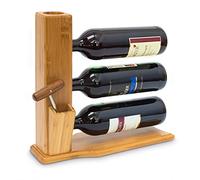Relaxdays Porte-bouteilles de vin bambou Étagère 3 bouteilles de vin HxlxP: 32 x 12 x 34 cm emplacement Bouchons et tire-bouchon, nature