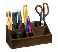 Relaxdays Porte-crayons, organiseur de bureau en bambou, avec 10 compartiments pour crayons et feuilles, marron foncé