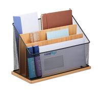 Relaxdays Porte-documents, 3 compartiments, métal & bambou, rangement pour lettres, HxLxP: 20x29x14 cm, nature - noir