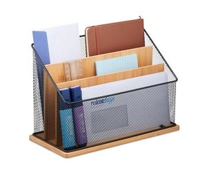 Relaxdays Porte-Documents, 3 Compartiments, métal & Bambou, Rangement pour Lettres, HxLxP: 20x29x14 cm, Nature - Noir