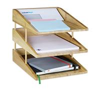 Relaxdays Porte-documents en bambou 3 compartiments empilables Format A4 pour bureau et bureau