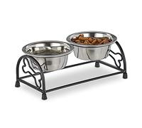 Relaxdays Porte-gamelles pour Chiens et Chiots, 2 écuelles, chacune ayant Un Volume de 300 ML, Noir/argenté