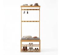 Relaxdays Porte-Manteau et Banc en Bambou, 2 étagères à Chaussures, 10 Crochets, 175x70x33 cm, Naturel