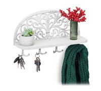 Relaxdays Porte-manteaux mural étagère tablette clés planche bois 4 crochets doubles patère, HxlxP: 23x39x11,5 cm, blanc