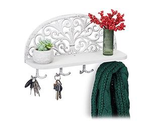 Relaxdays Porte-Manteaux Mural étagère Tablette clés Planche Bois 4 Crochets Doubles patère, HxlxP: 23x39x11,5 cm, Blanc