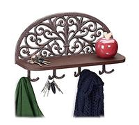 Relaxdays Porte-manteaux mural étagère tablette clés planche bois 4 crochets doubles patères, HxlxP: 23x39x11,5 cm, brun