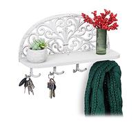 Relaxdays Porte-manteaux mural étagère tablette clés planche bois, blanc | 4 crochets doubles patère, HxlxP: 23 x 39 x 11,5 cm
