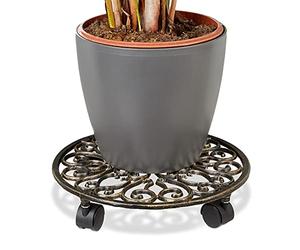 Relaxdays Porte-Plantes à roulettes, Lot de 3, Fonte, Support Pot de Fleurs, 4 Roues, D: 33,5 cm, Rond, Design antiquités, Bronze